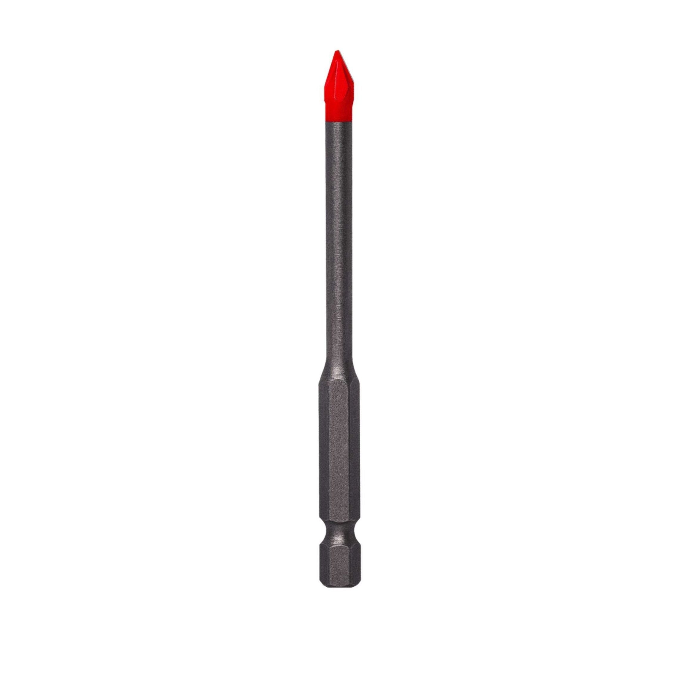 The Diablo DMANSP1020 3/16 in. Hard Tile & Stone Carbide Tipped Drill Bit features a carbide-tipped red end and metallic gray shaft, designed for specialized screw heads. Its hexagonal base ensures secure attachment to screwdrivers or drills with its multi-ground grip point.